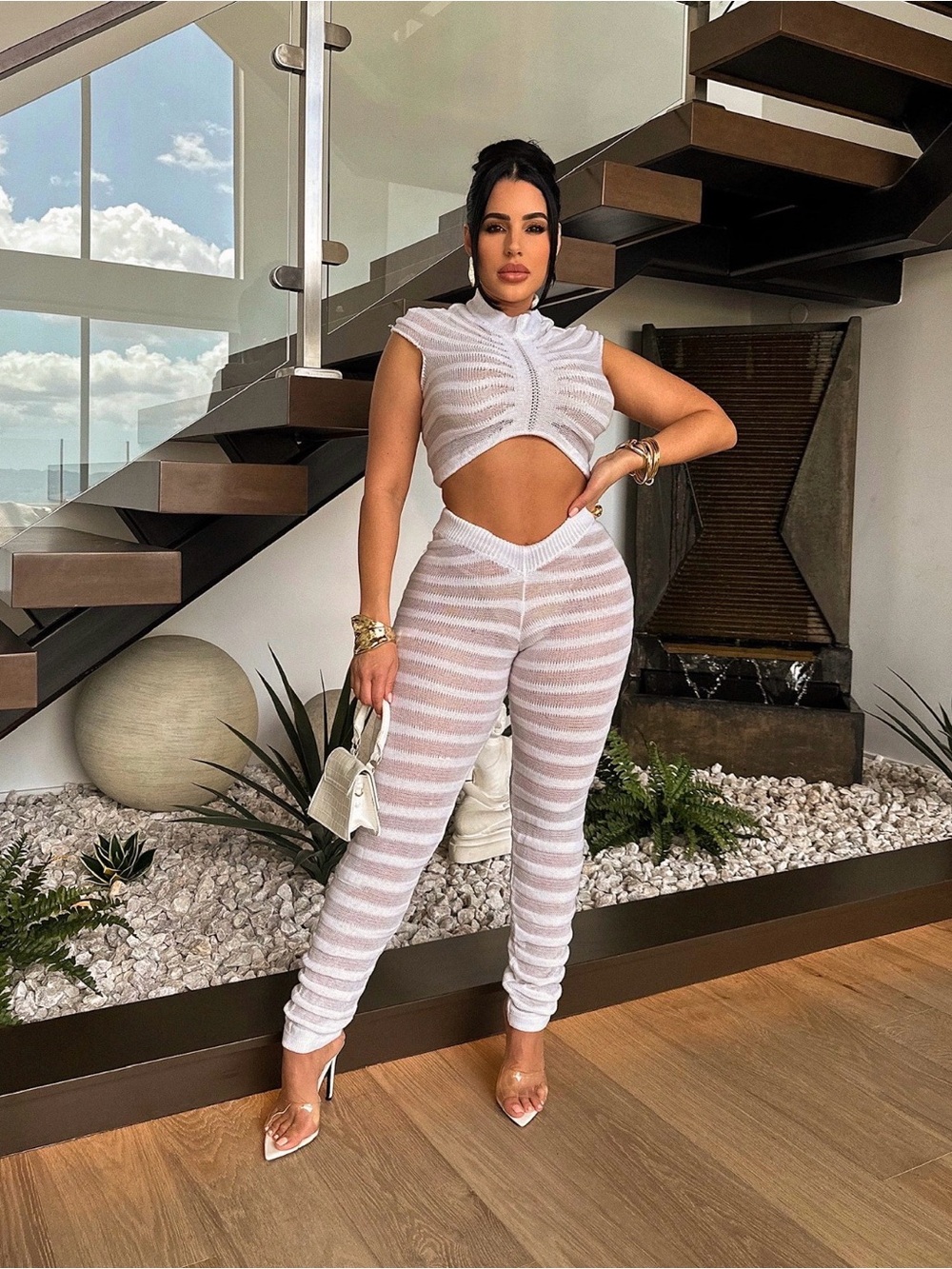 White Two-Piece Knit Crop Top & Pants Set